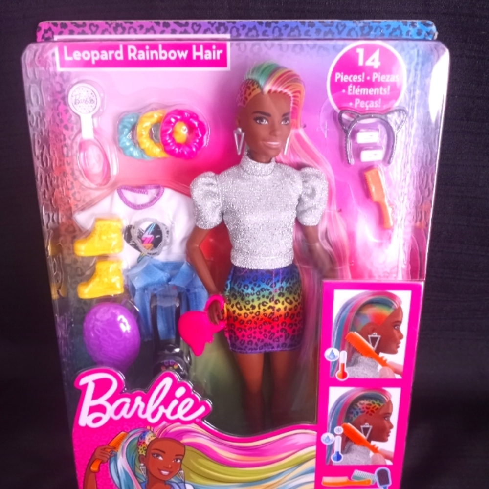Black BARBIE Doll Leopard Rainbow Hair 14 pieces, Color Changing Brand NEW